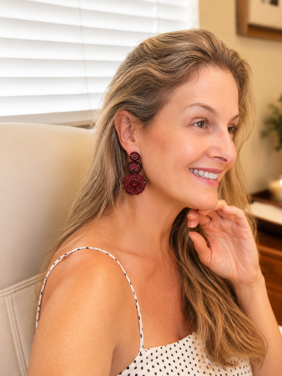 Bold red hand-crocheted triple drop earrings handmade in Brazil with sparkling bead accents and rich layered texture. Lightweight, hypoallergenic, nickel-free, and perfect for evening, resort, holiday, and special occasion styling.