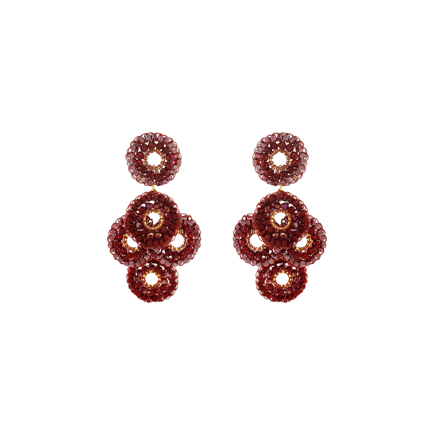 A pair of drop earrings made of multiple stacked circular crystal clusters in a deep burgundy-red hue, set against a plain white background. Shop Burgundy Mix Coco Earrings, handcrafted in Brazil with 18K gold filled and enameled wire. Lightweight crystal statement earrings in rich burgundy tones.