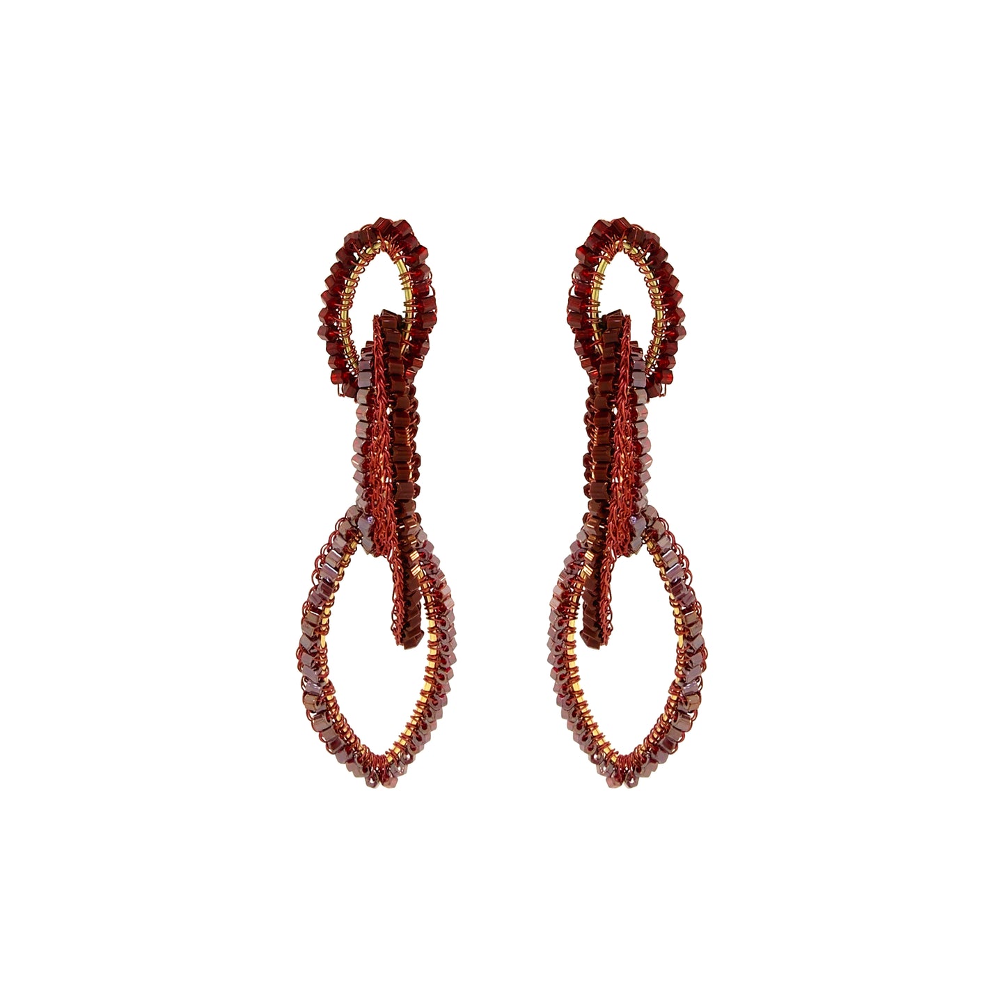 A pair of beaded drop earrings with a textured, looped design in deep red and brown tones, set against a plain white background. Shop the Burgundy Mix Demi Earrings, featuring three cascading hand-crocheted links with shimmering bead accents. Lightweight and handmade in Brazil.