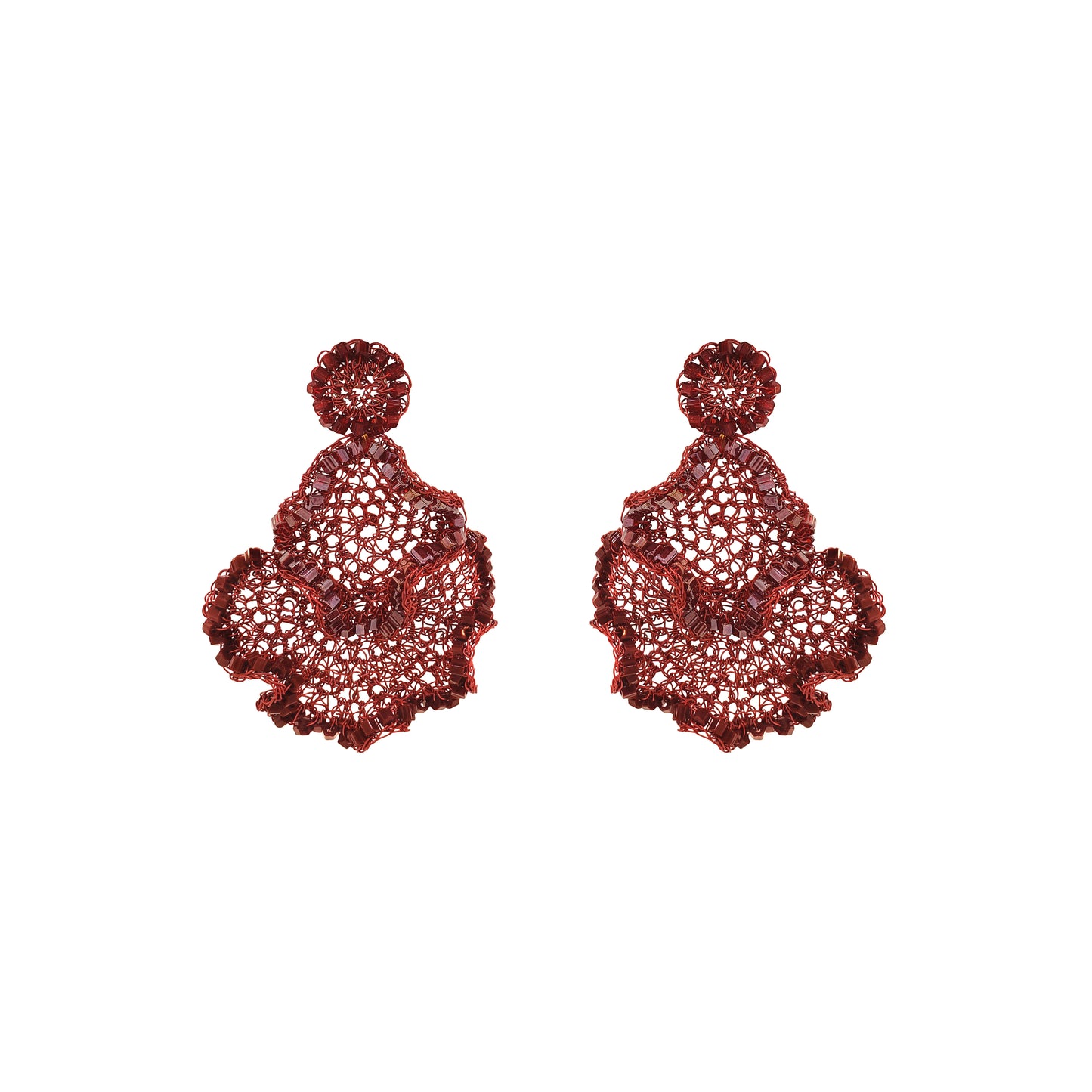 A pair of deep red lace-up statement earrings with intricate openwork detailing and scalloped edges, displayed on a solid white background. Burgundy Mix Jasmine Trio handmade crochet earrings with layered floral shapes, intricate enameled copper wire and shimmering bead accents.