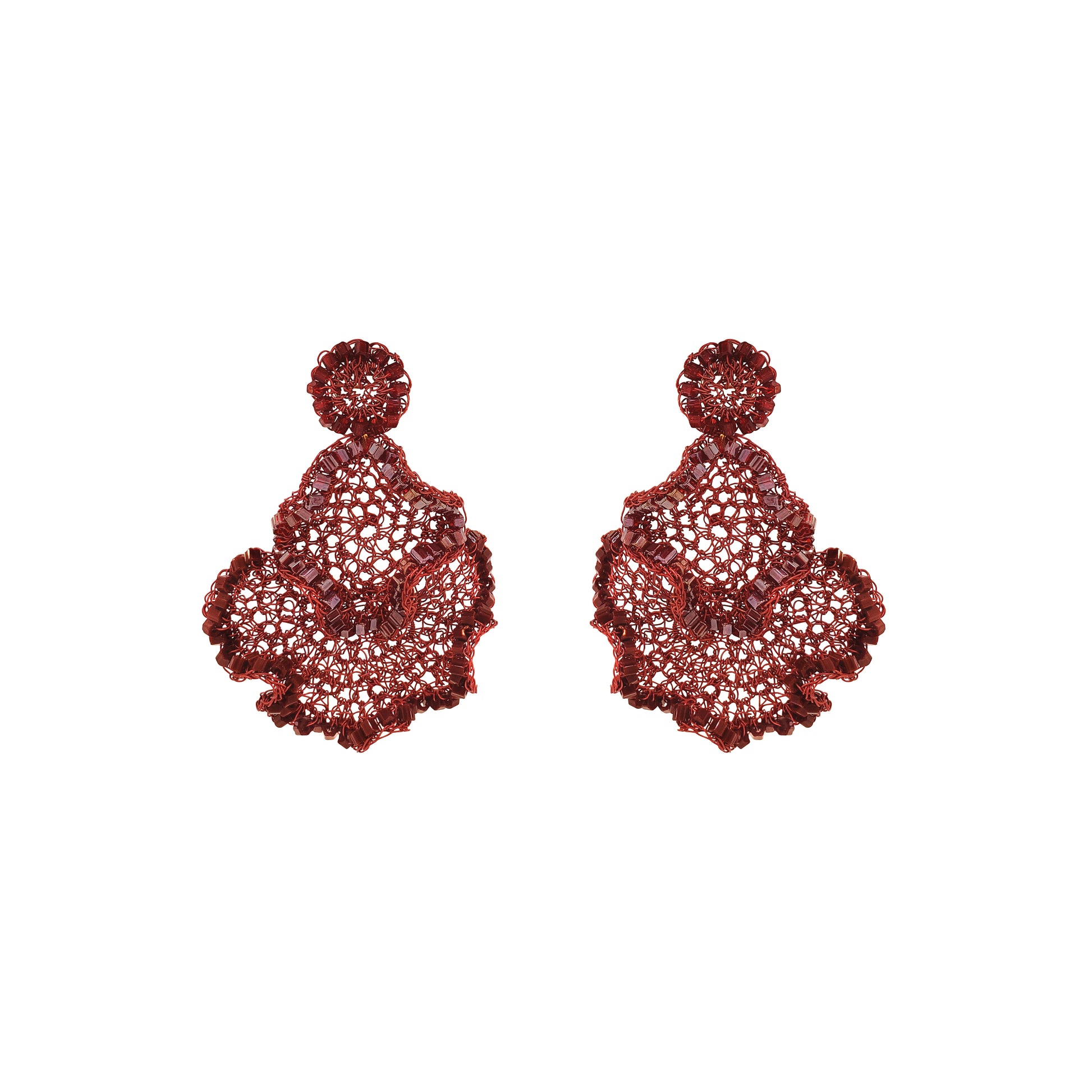 A pair of deep red lace-up statement earrings with intricate openwork detailing and scalloped edges, displayed on a solid white background. Burgundy Mix Jasmine Trio handmade crochet earrings with layered floral shapes, intricate enameled copper wire and shimmering bead accents.