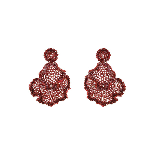 A pair of deep red lace-up statement earrings with intricate openwork detailing and scalloped edges, displayed on a solid white background. Burgundy Mix Jasmine Trio handmade crochet earrings with layered floral shapes, intricate enameled copper wire and shimmering bead accents.