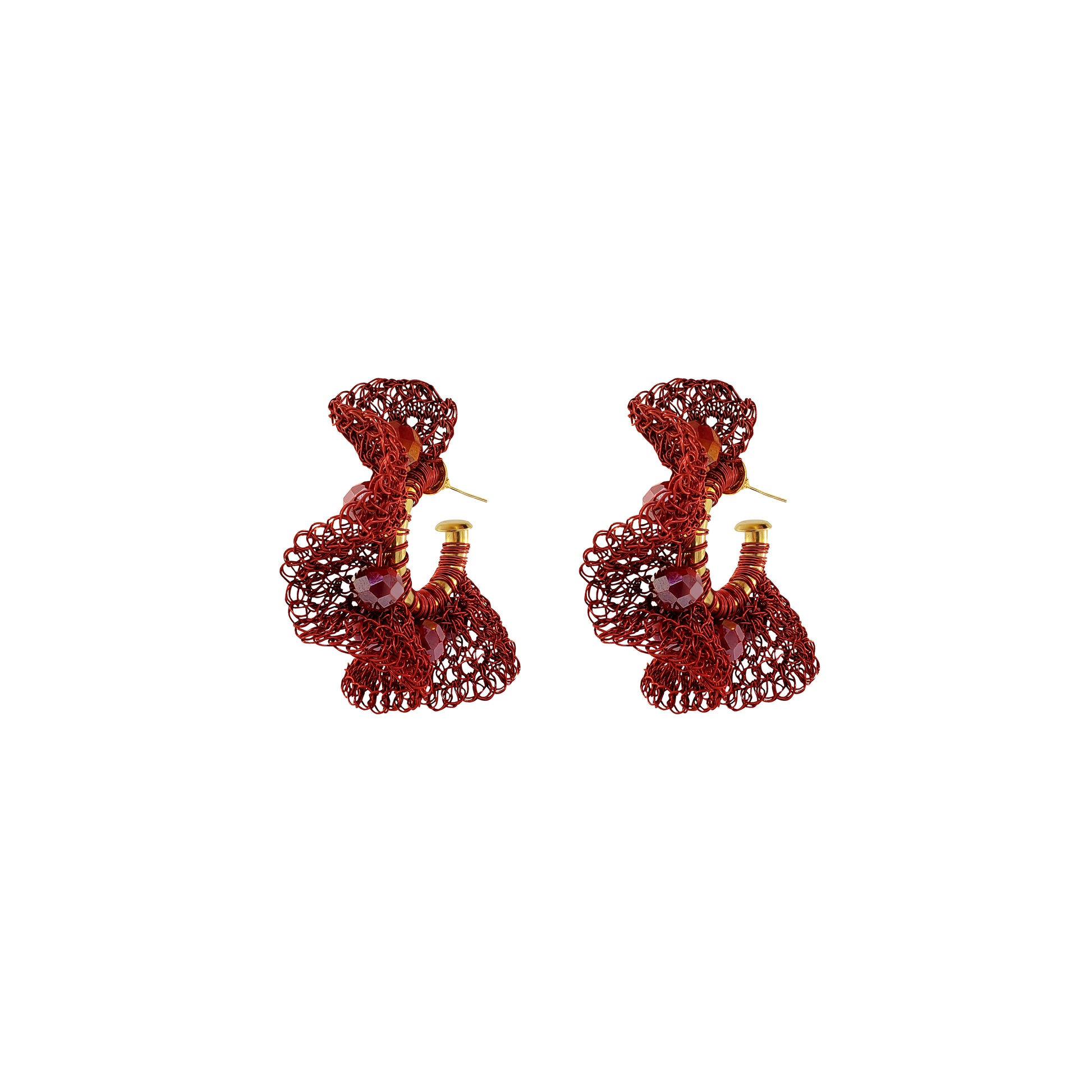 Pair of silver earrings with green gemstones on a white background. Burgundy Mix Nalu handmade crochet hoop earrings featuring rich burgundy enameled wire and 18K gold-filled details in a dimensional ruffled design.