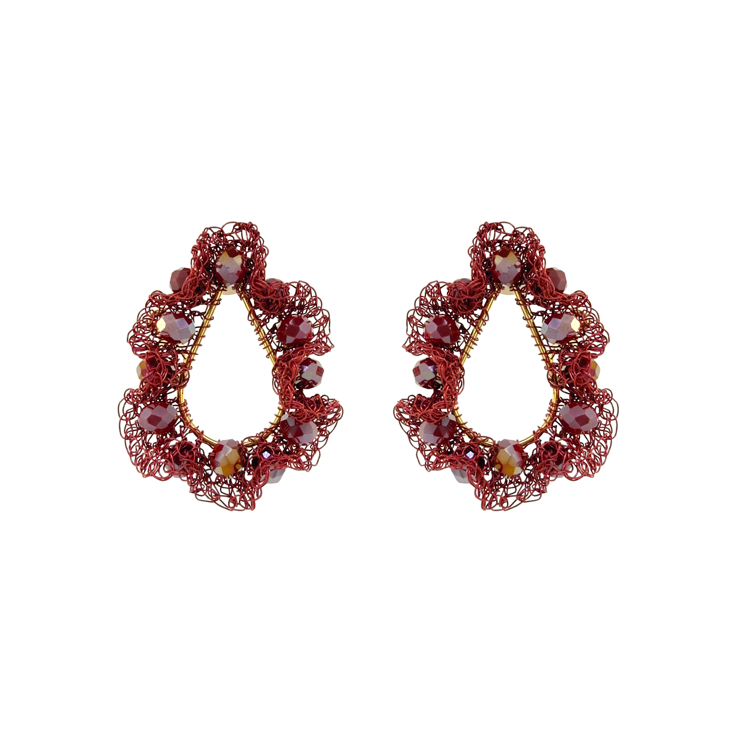 A pair of ornate teardrop-shaped earrings made of red wire mesh with small faceted beads in red, purple, and gold, displayed on a clean white background. Shop Burgundy Mix Nalu Teardrop Earrings, featuring ruffled hand-crocheted details and sparkling beads. Lightweight and handcrafted in Brazil. 