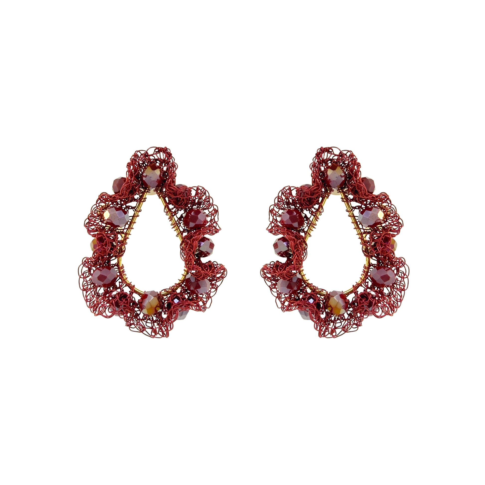 A pair of ornate teardrop-shaped earrings made of red wire mesh with small faceted beads in red, purple, and gold, displayed on a clean white background. Shop Burgundy Mix Nalu Teardrop Earrings, featuring ruffled hand-crocheted details and sparkling beads. Lightweight and handcrafted in Brazil. 
