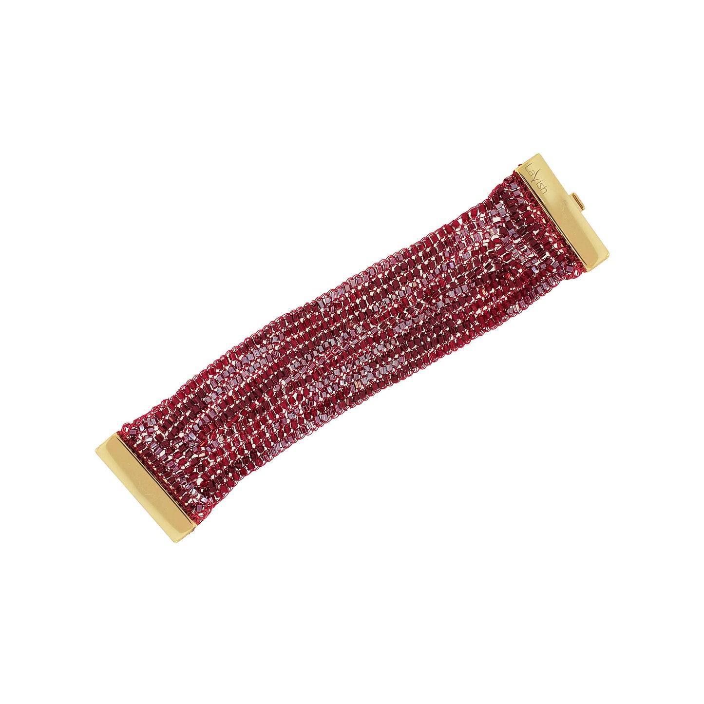 Red beaded bracelet with gold clasp on a white background. Handmade crochet cuff bracelet crafted in Brazil with shiny enameled wire, sparkling crystals, delicate beads, and magnetic clasp.