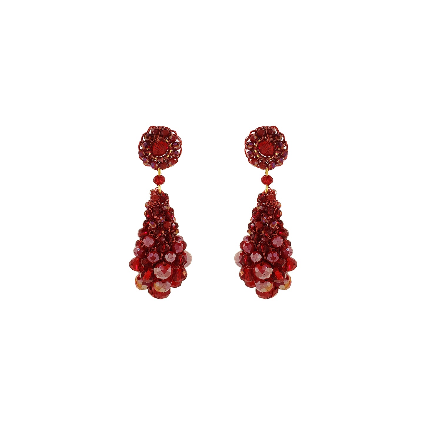 Pair of red gemstone earrings on a white background. Hand-crocheted statement earrings made in Brazil with enameled copper wire and sparkling bead accents.