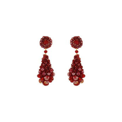 Pair of red gemstone earrings on a white background. Hand-crocheted statement earrings made in Brazil with enameled copper wire and sparkling bead accents.