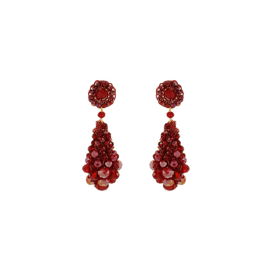 Pair of red gemstone earrings on a white background. Hand-crocheted statement earrings made in Brazil with enameled copper wire and sparkling bead accents.