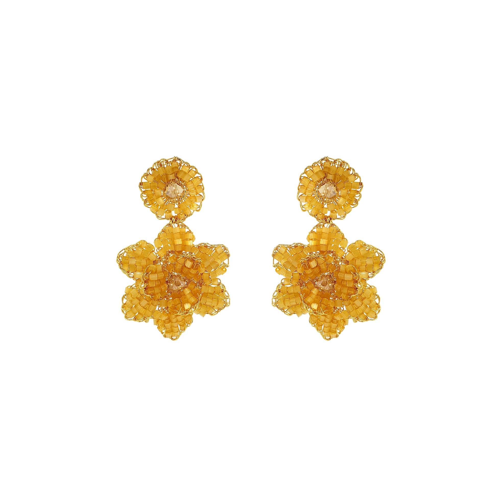 Pair of yellow floral earrings on a white background. Mini floral hand-crocheted earrings handmade in Brazil with 18 karat gold filled wire and butter yellow bead accents.