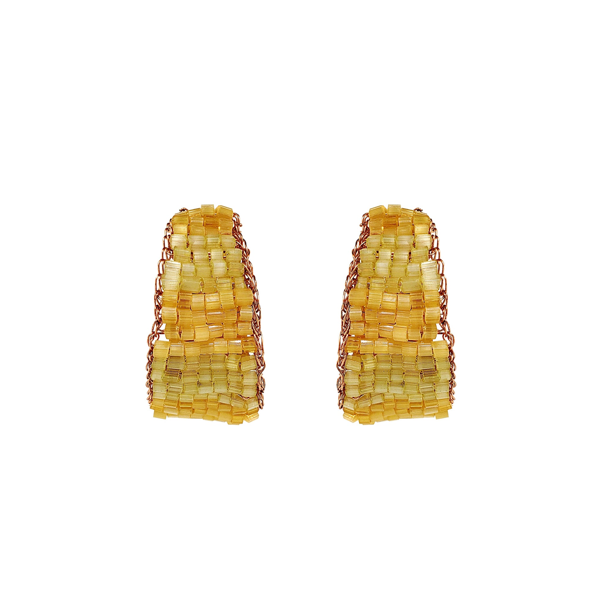 Pair of yellow beaded earrings on a white background