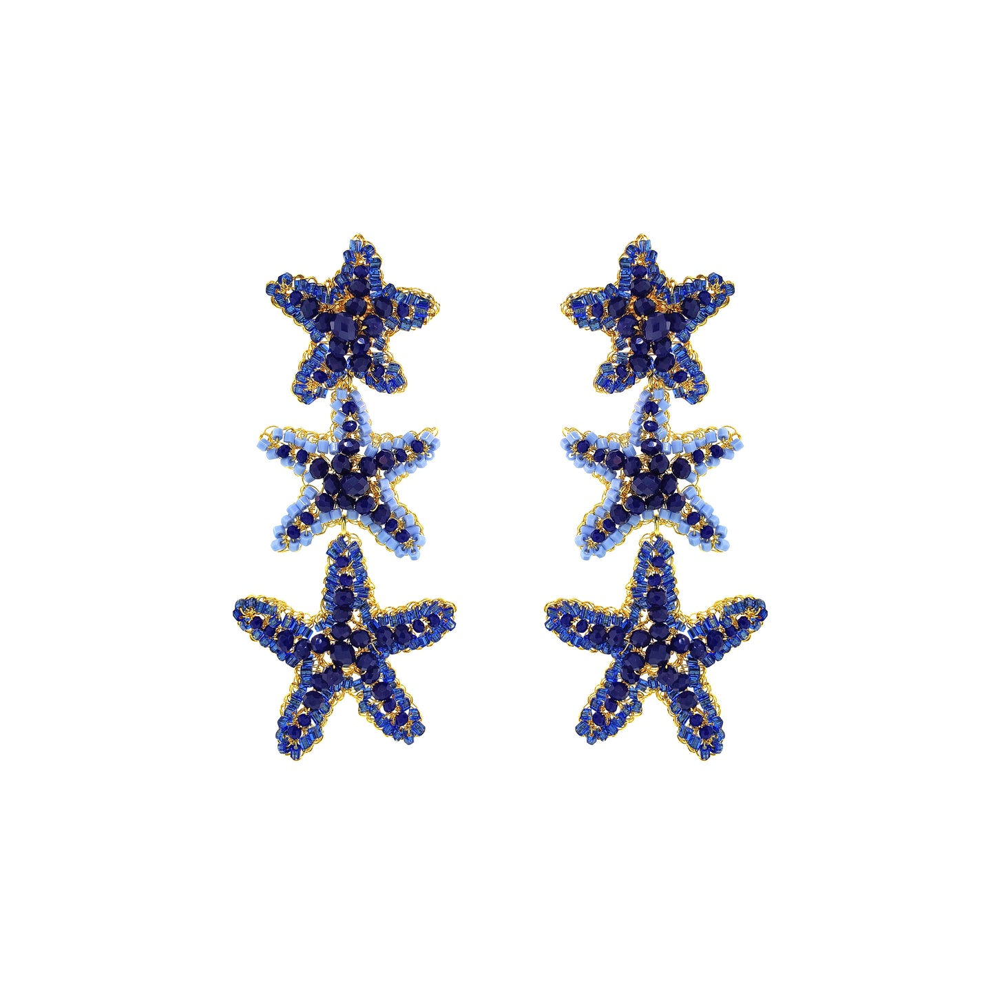 Cascade-Blue-Gold-Sea-Star-Handmade-Crochet-Earrings-18k-gold-filled-wire-hypoallergenic-lightweight-statement-soul-collection