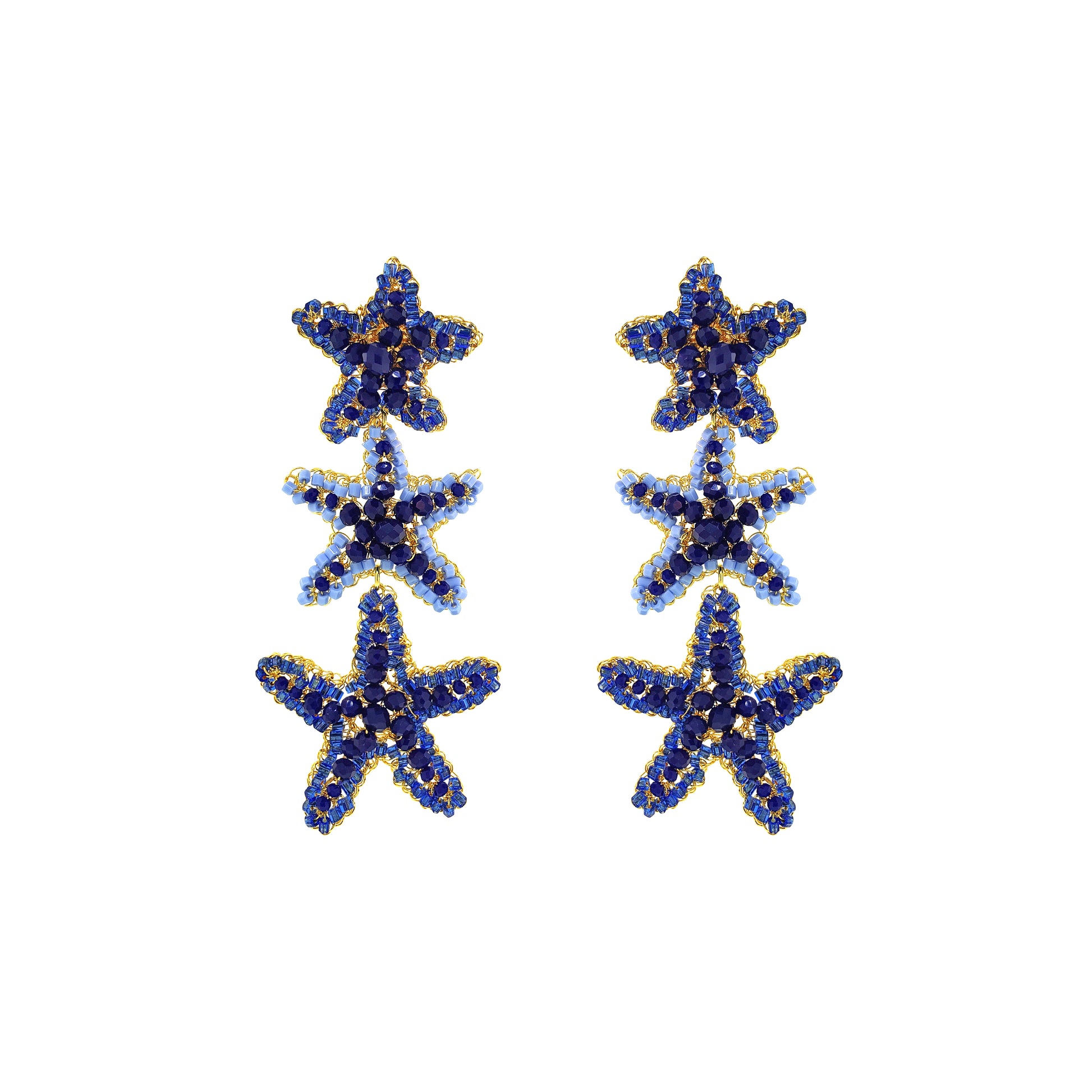Cascade-Blue-Gold-Sea-Star-Handmade-Crochet-Earrings-18k-gold-filled-wire-hypoallergenic-lightweight-statement-soul-collection