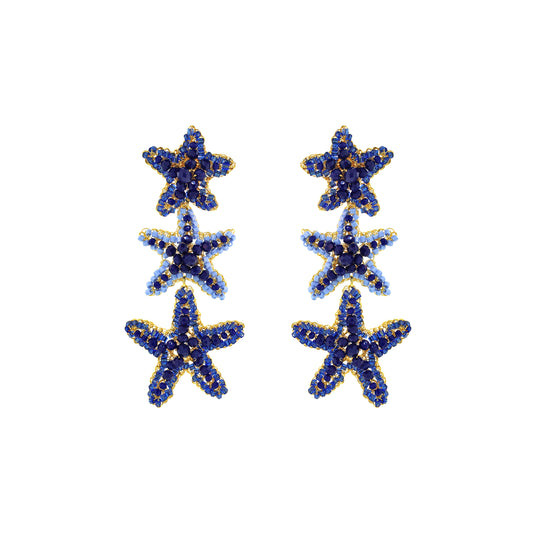 Cascade-Blue-Gold-Sea-Star-Handmade-Crochet-Earrings-18k-gold-filled-wire-hypoallergenic-lightweight-statement-soul-collection