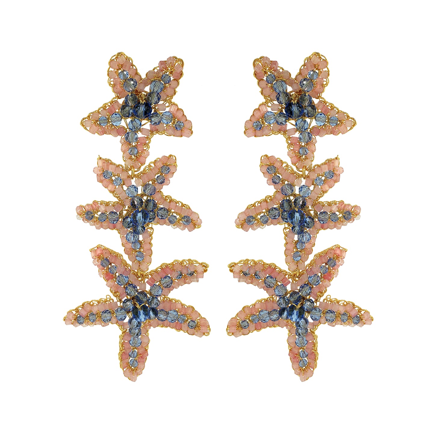 Cascade-Blue-Pink-Gold-Sea-Star-Handmade-Crochet-Earrings-18k-gold-filled-wire-hypoallergenic-lightweight-statement-soul-collection