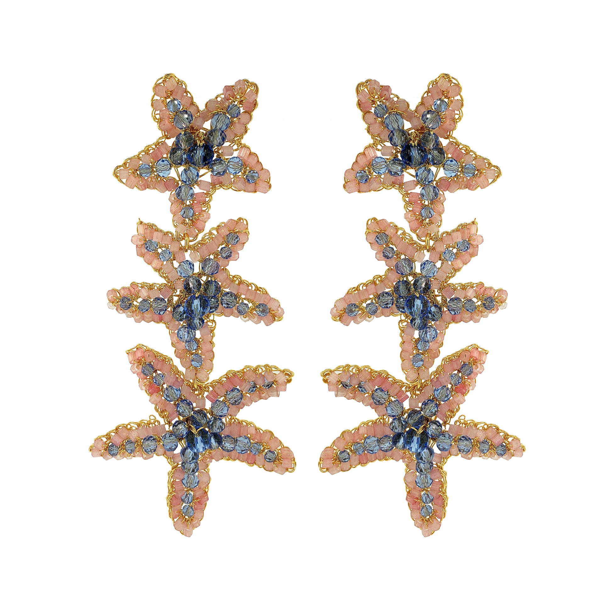 Cascade-Blue-Pink-Gold-Sea-Star-Handmade-Crochet-Earrings-18k-gold-filled-wire-hypoallergenic-lightweight-statement-soul-collection
