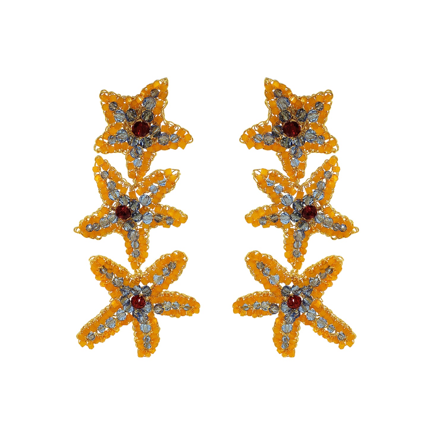 Cascade-Blue-Red-Orange-Gold-Sea-Star-Handmade-Crochet-Earrings-18k-gold-filled-wire-hypoallergenic-lightweight-statement-soul-collection