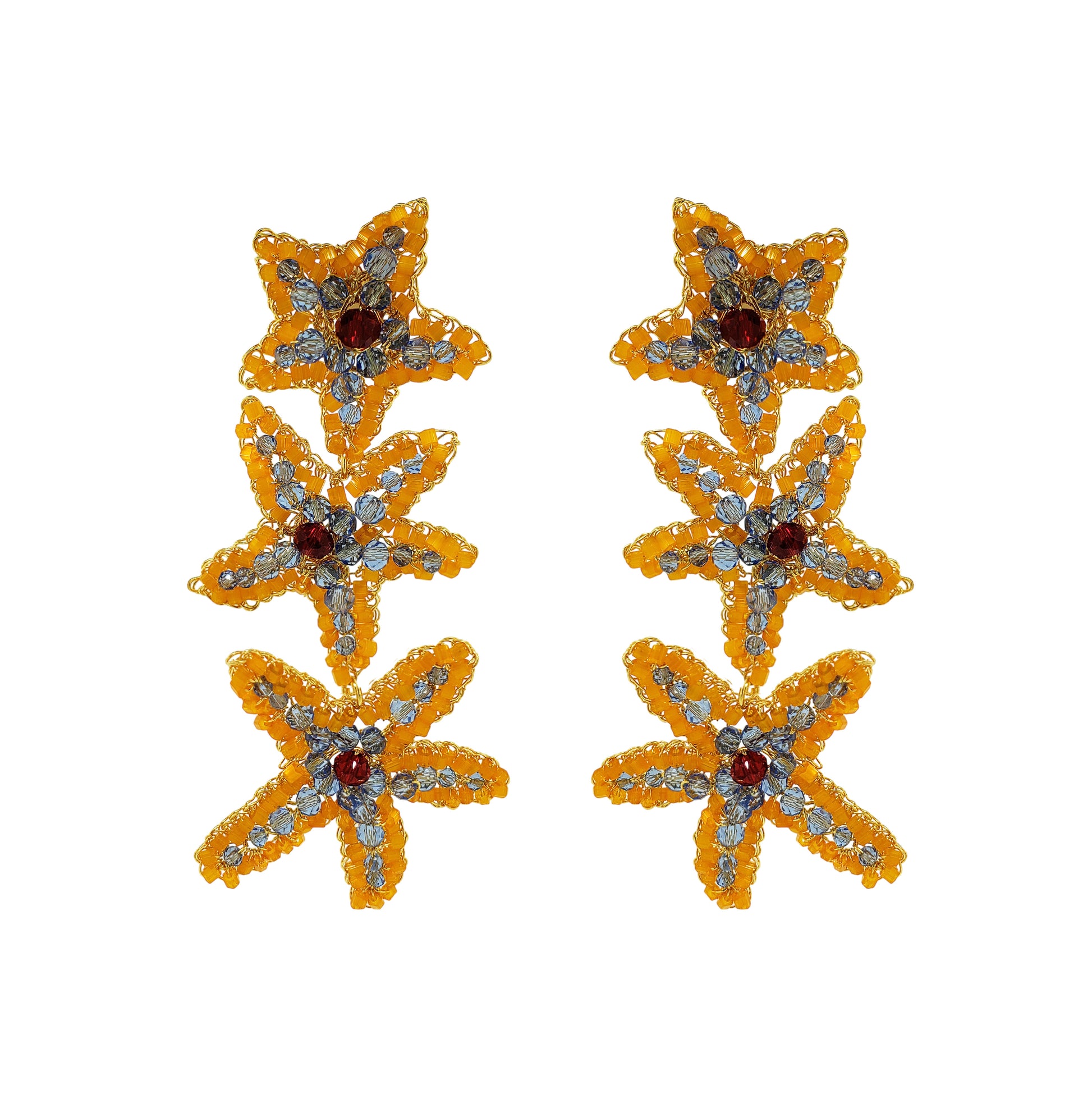Cascade-Blue-Red-Orange-Gold-Sea-Star-Handmade-Crochet-Earrings-18k-gold-filled-wire-hypoallergenic-lightweight-statement-soul-collection