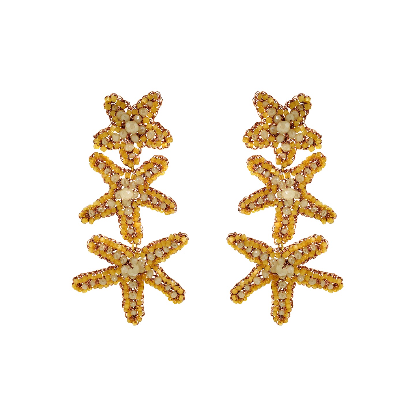 Cascade-Butter-Yellow-Beige-Gold-Sea-Star-Handmade-Crochet-Earrings-18k-gold-filled-wire-hypoallergenic-lightweight-statement-soul-collection