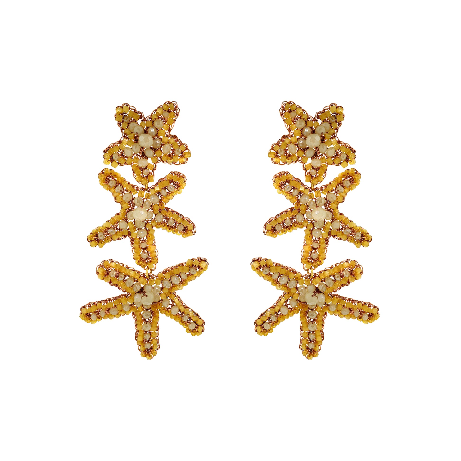 Cascade-Butter-Yellow-Beige-Gold-Sea-Star-Handmade-Crochet-Earrings-18k-gold-filled-wire-hypoallergenic-lightweight-statement-soul-collection