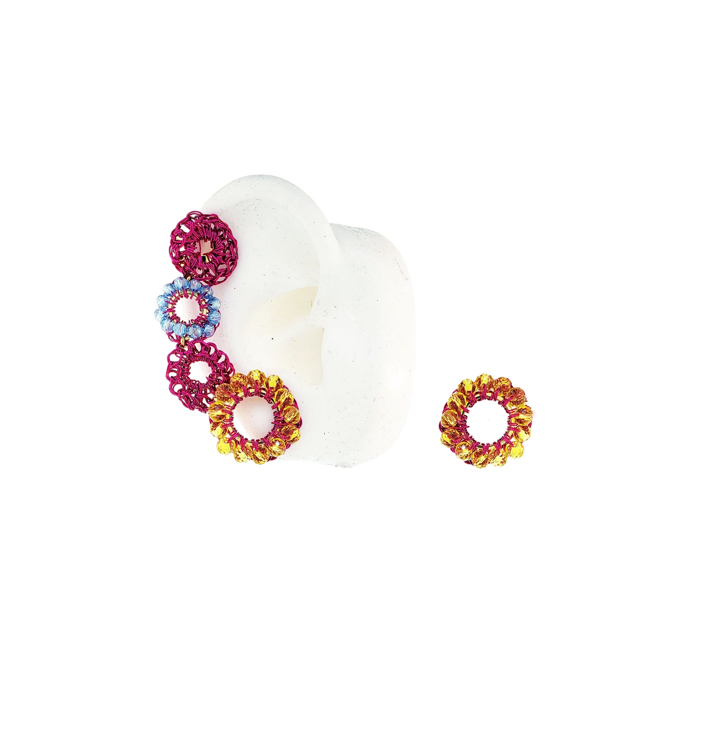 Cascade-Interlock-Links-Blue-Yellow-Fuchsia-Gold-Clubs-Earcuff-Handmade-Crochet-Earrings-18k-gold-filled-wire-hypoallergenic-lightweight-statement-brazilian-soul-collection