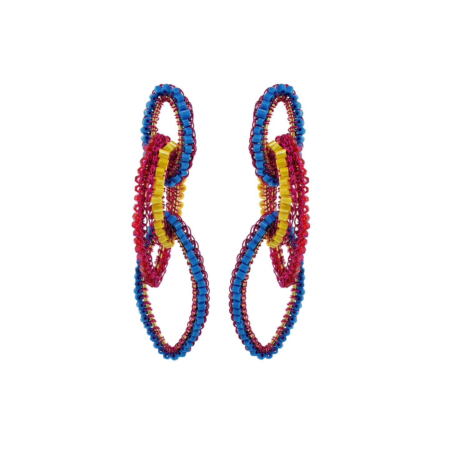 Cascade-Interlock-Links-Blue-Yellow-Fuchsia-Gold-Demi-Handmade-Crochet-Earrings-18k-gold-filled-wire-hypoallergenic-lightweight-statement-brazilian-soul-collection