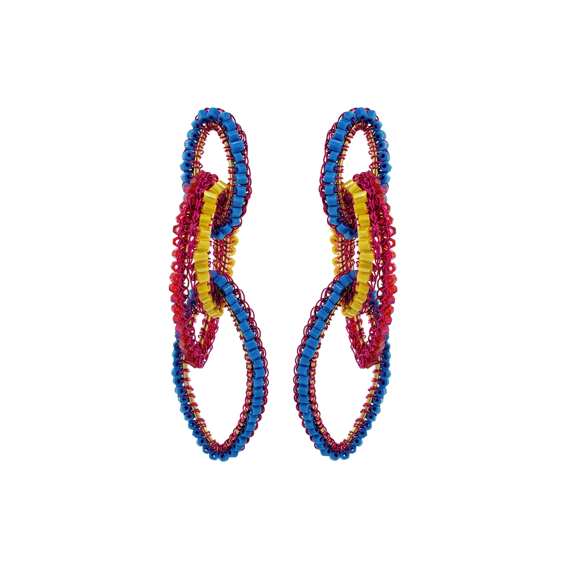 Cascade-Interlock-Links-Blue-Yellow-Fuchsia-Gold-Demi-Handmade-Crochet-Earrings-18k-gold-filled-wire-hypoallergenic-lightweight-statement-brazilian-soul-collection