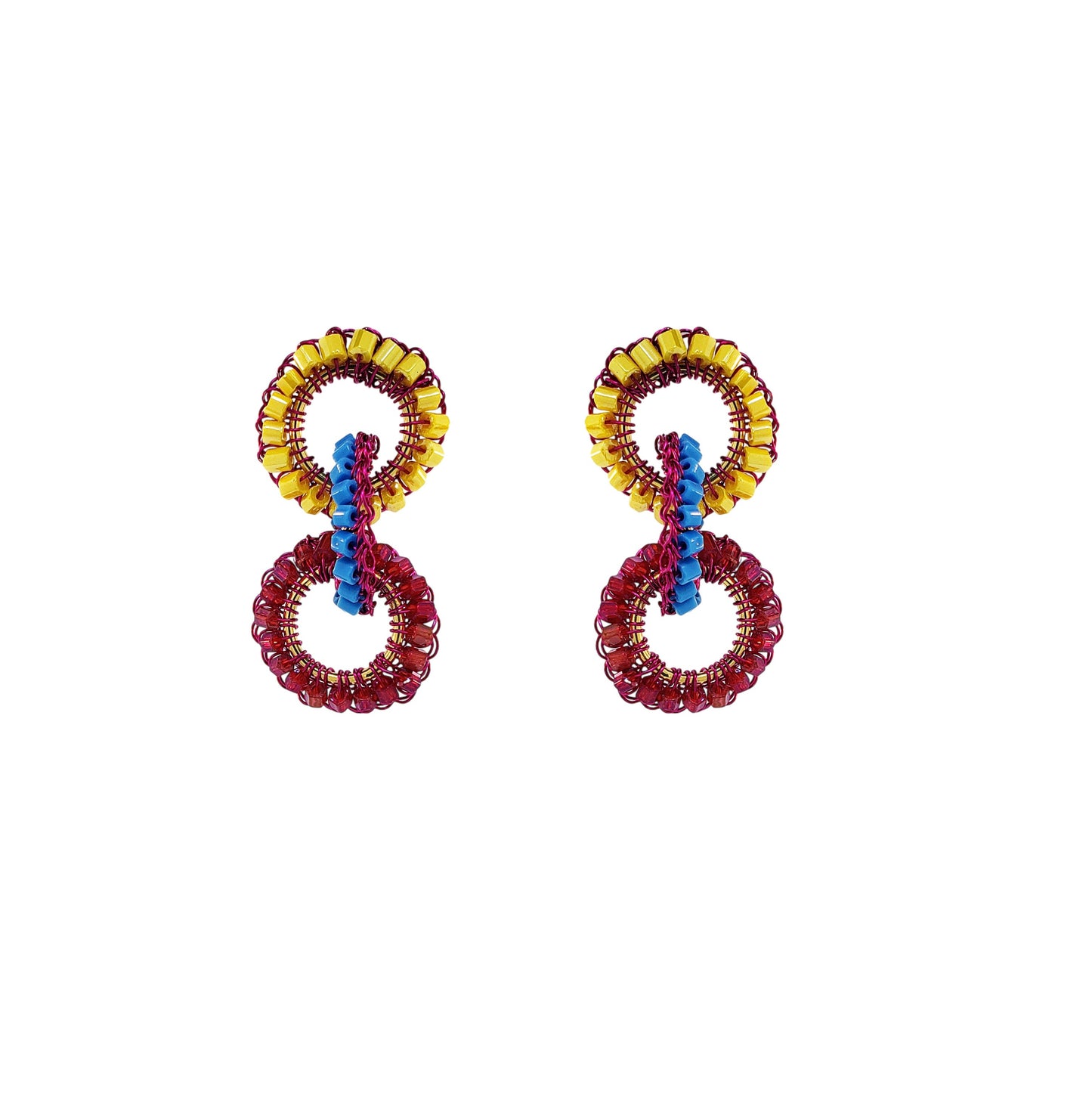Cascade-Interlock-Links-Blue-Yellow-Fuchsia-Gold-Lola-Handmade-Crochet-Earrings-18k-gold-filled-wire-hypoallergenic-lightweight-statement-brazilian-soul-collection