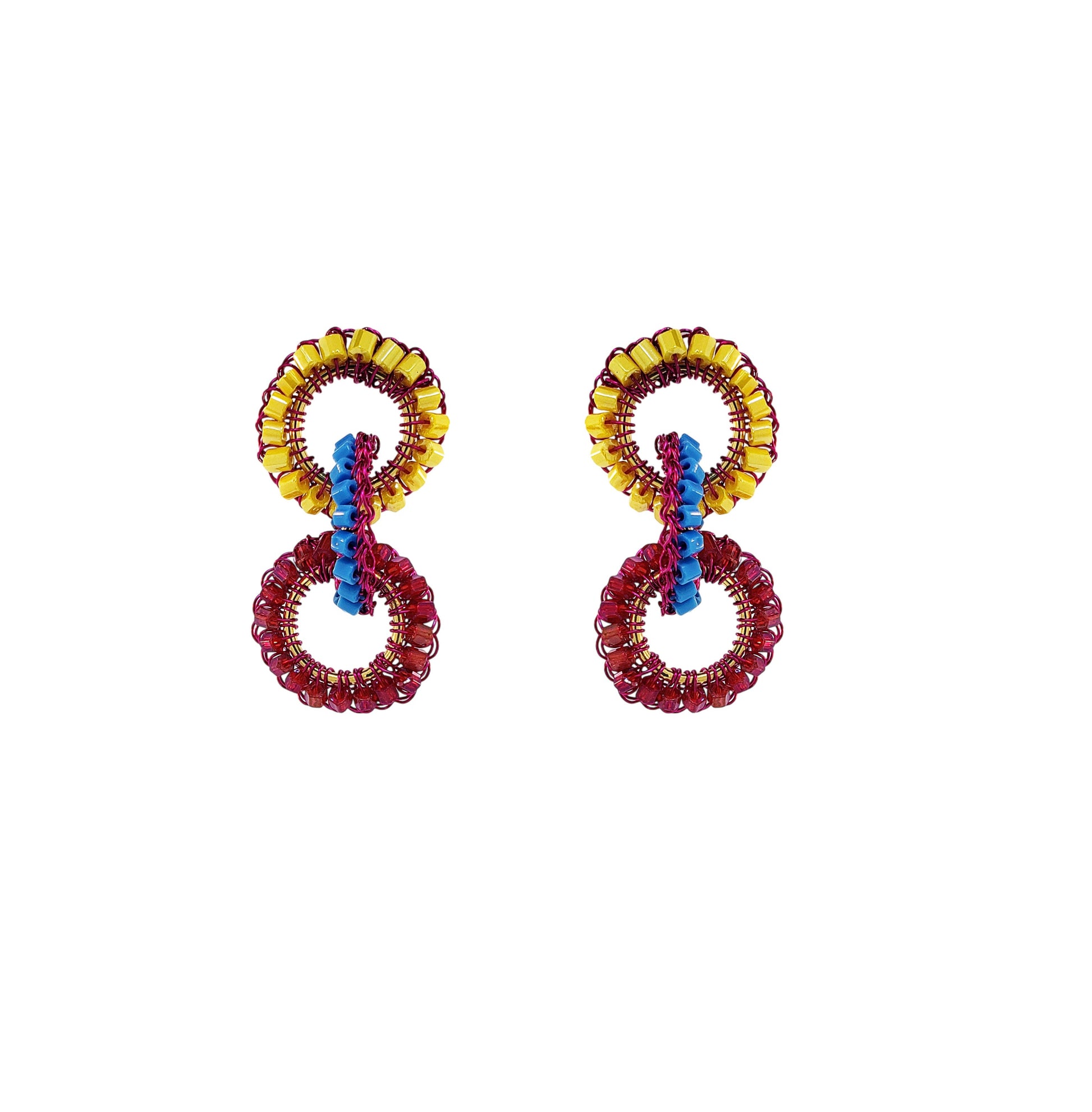 Cascade-Interlock-Links-Blue-Yellow-Fuchsia-Gold-Lola-Handmade-Crochet-Earrings-18k-gold-filled-wire-hypoallergenic-lightweight-statement-brazilian-soul-collection