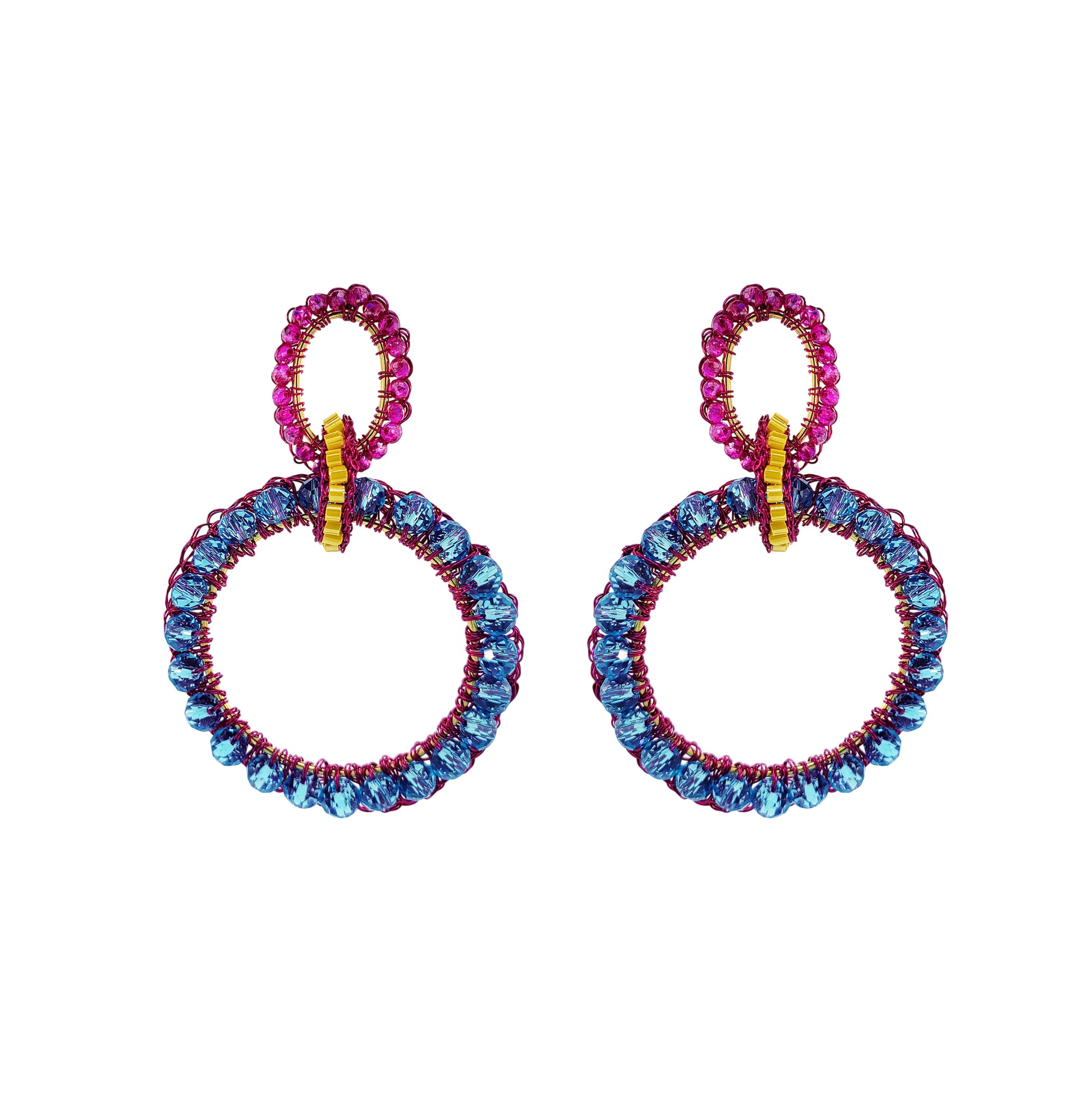 Cascade-Interlock-Links-Blue-Yellow-Fuchsia-Gold-Lola-Maxi-Handmade-Crochet-Earrings-18k-gold-filled-wire-hypoallergenic-lightweight-statement-brazilian-soul-collection