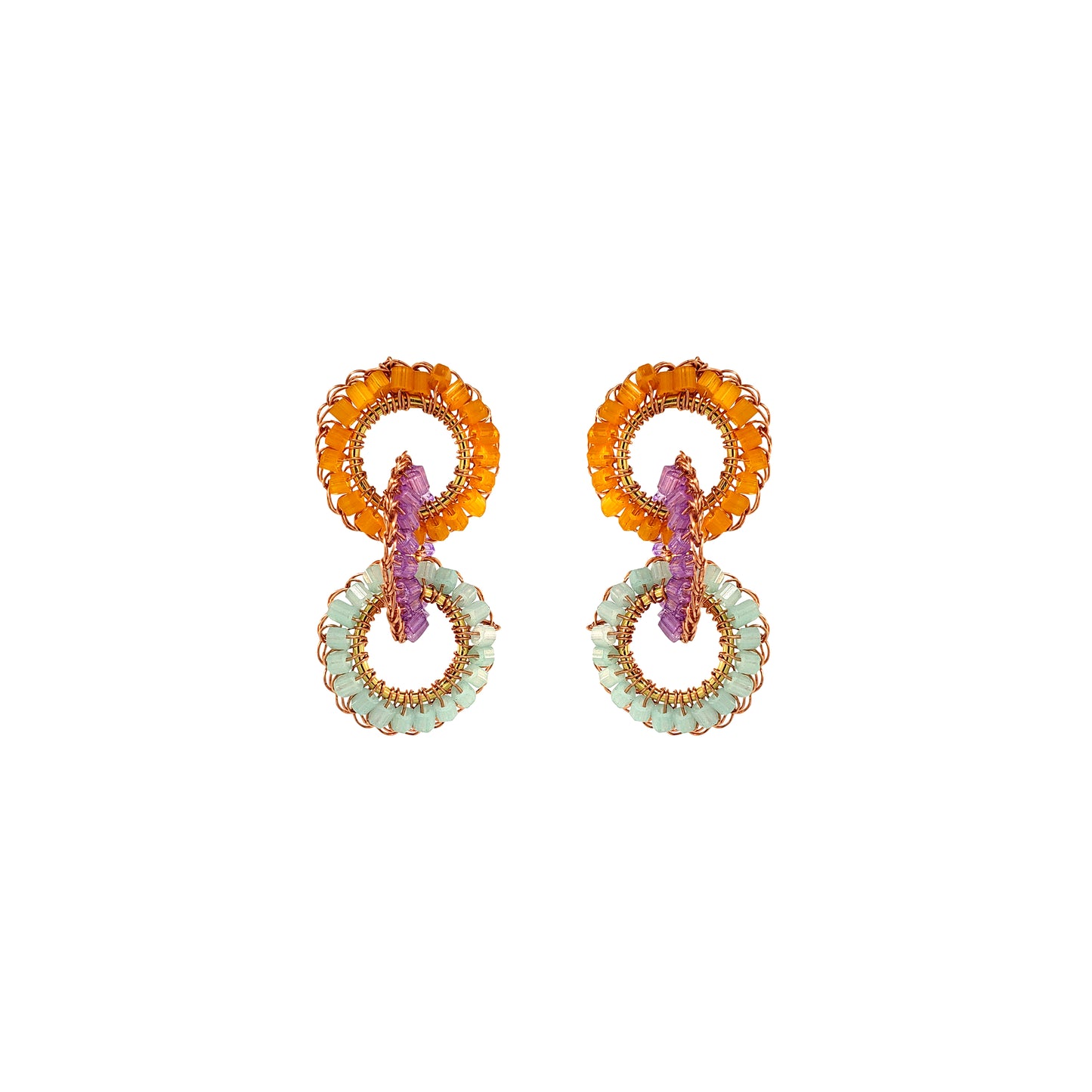 Cascade-Interlock-Links-Green-Pink-Purple-Orange-Gold-Lola-Handmade-Crochet-Earrings-18k-gold-filled-wire-hypoallergenic-lightweight-statement-brazilian-soul-collection