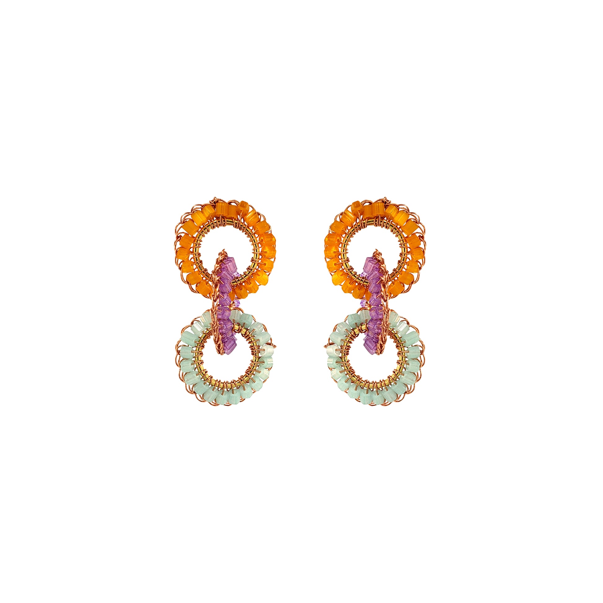Cascade-Interlock-Links-Green-Pink-Purple-Orange-Gold-Lola-Handmade-Crochet-Earrings-18k-gold-filled-wire-hypoallergenic-lightweight-statement-brazilian-soul-collection