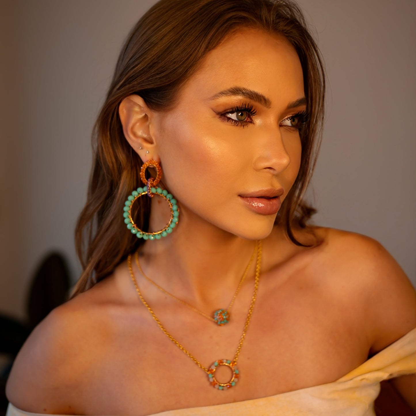 Cascade-Interlock-Links-Green-Pink-Purple-Orange-Gold-Lola-Maxi-Handmade-Crochet-Earrings-Necklace-model-18k-gold-filled-wire-hypoallergenic-lightweight-statement-brazilian-soul-collection