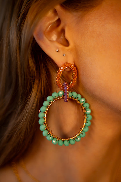 Cascade-Interlock-Links-Green-Pink-Purple-Orange-Gold-Lola-Maxi-Handmade-Crochet-Earrings-model-18k-gold-filled-wire-hypoallergenic-lightweight-statement-brazilian-soul-collection