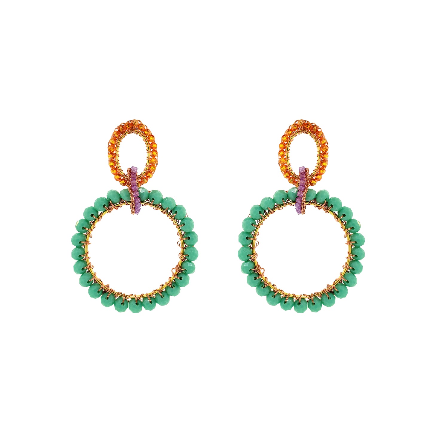 Cascade-Interlock-Links-Green-Pink-Purple-Orange-Gold-Lola-Maxi-Handmade-Crochet-Earrings-18k-gold-filled-wire-hypoallergenic-lightweight-statement-brazilian-soul-collection