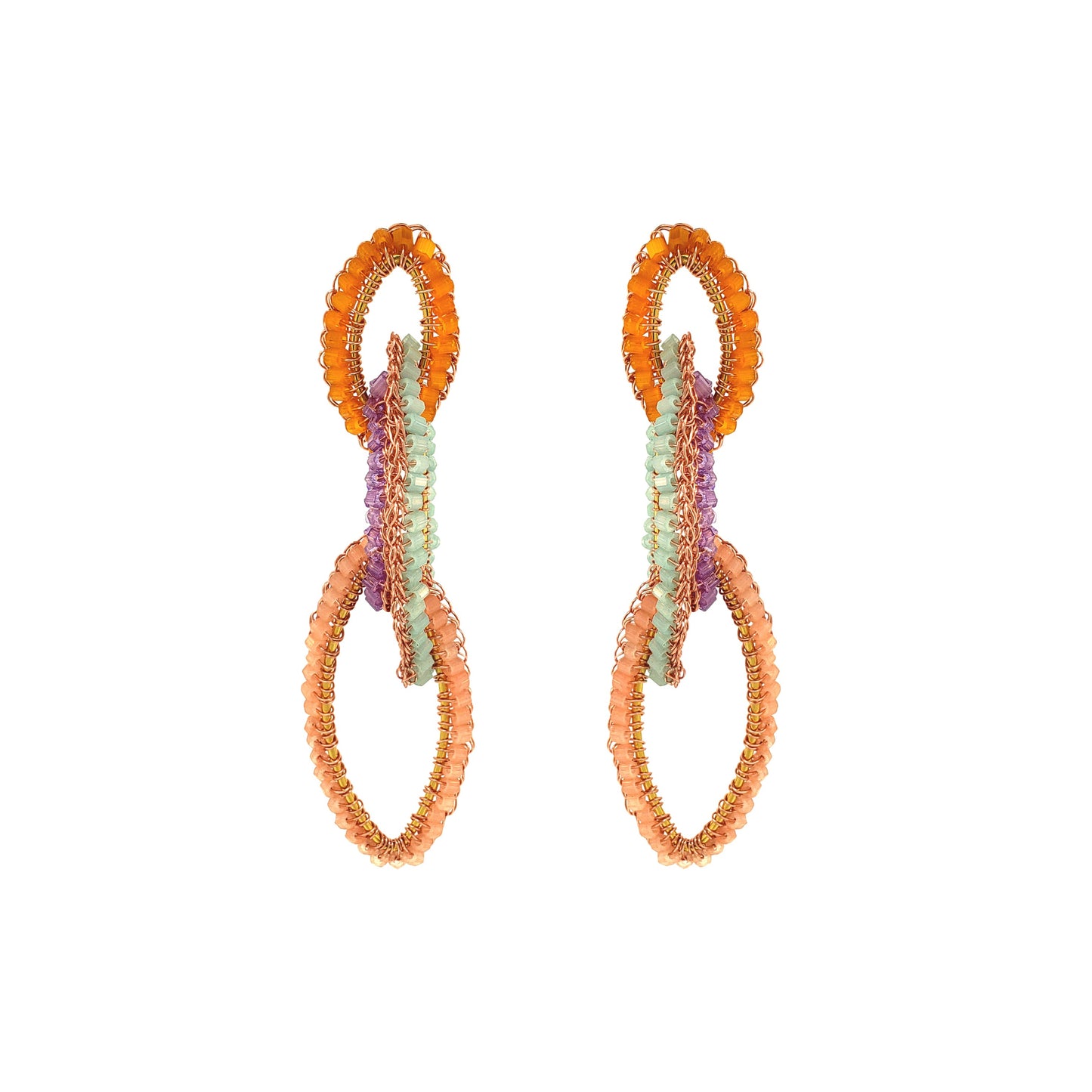 Cascade-Interlock-Links-Orangde-Green-Purple-Pink-Gold-Demi-Handmade-Crochet-Earrings-18k-gold-filled-wire-hypoallergenic-lightweight-statement-brazilian-soul-collection
