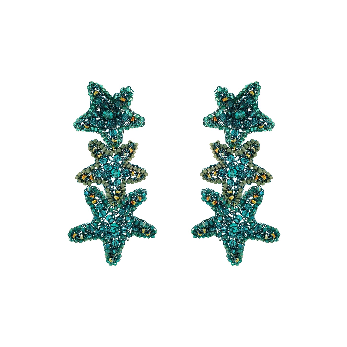 Cascade-Teal-Green-Gold-Sea-Star-Handmade-Crochet-Earrings-18k-gold-filled-wire-hypoallergenic-lightweight-statement-soul-collection