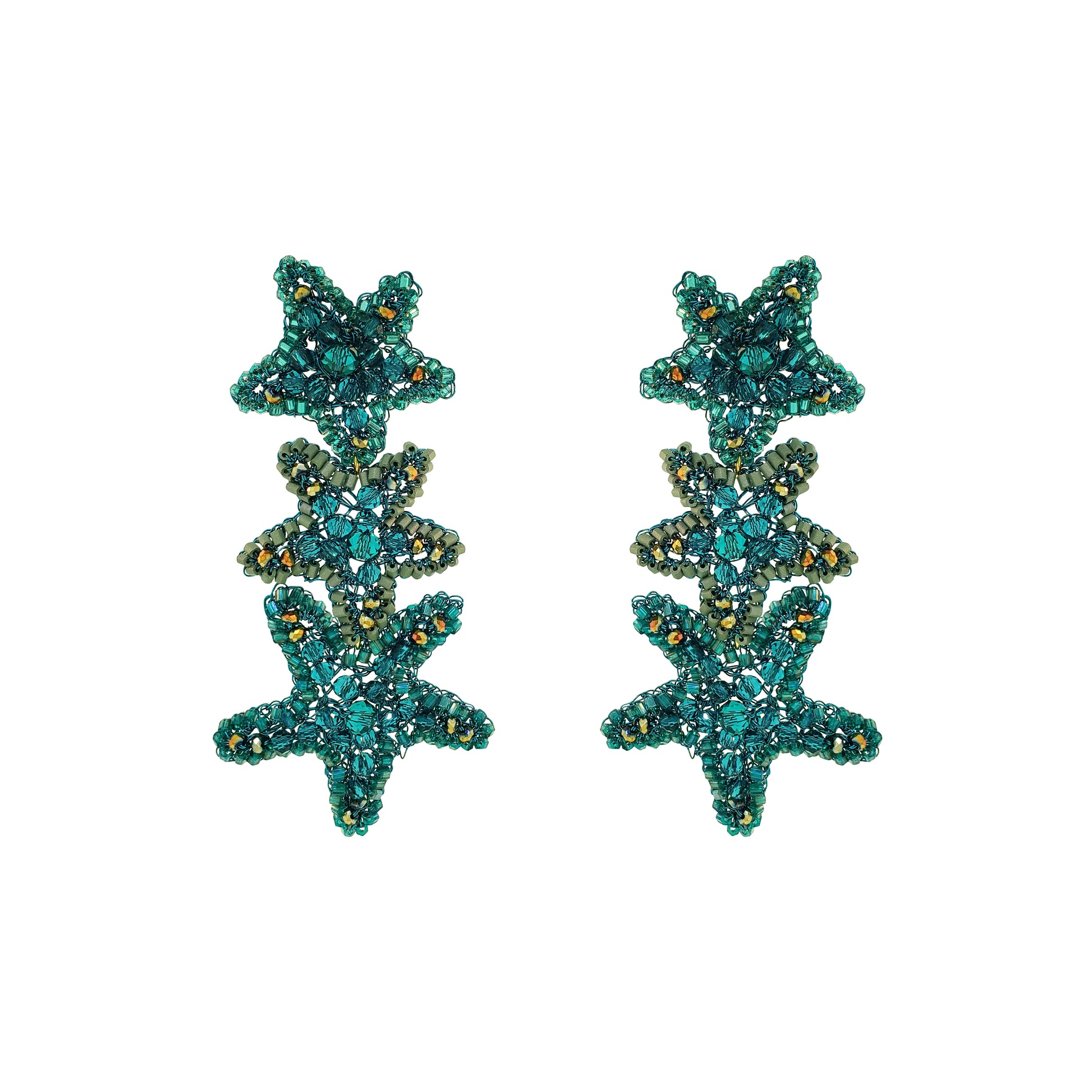 Cascade-Teal-Green-Gold-Sea-Star-Handmade-Crochet-Earrings-18k-gold-filled-wire-hypoallergenic-lightweight-statement-soul-collection