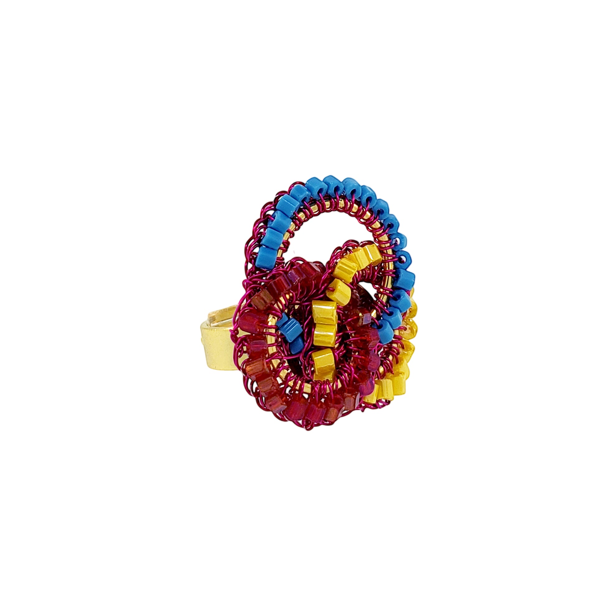 Circle-Geometric-Blue-Yellow-Fuchsia-Leah-Trio-Handmade-Crochet-Ring-18k-gold-filled-wire-hypoallergenic-lightweight-statement-brazilian-soul-collection