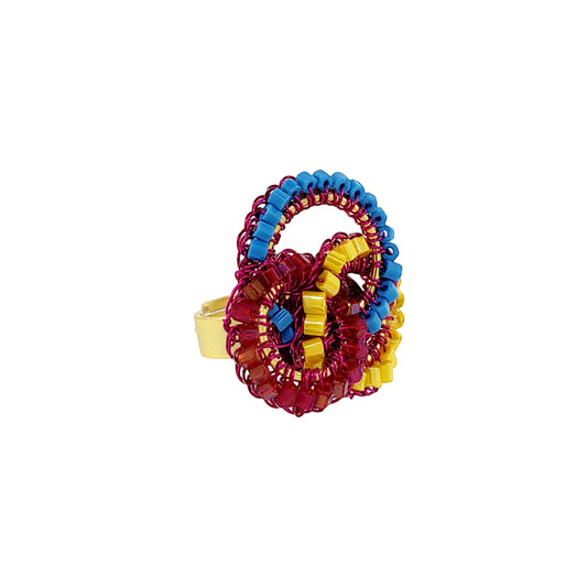 Circle-Geometric-Blue-Yellow-Fuchsia-Leah-Trio-Handmade-Crochet-Ring-18k-gold-filled-wire-hypoallergenic-lightweight-statement-brazilian-soul-collection
