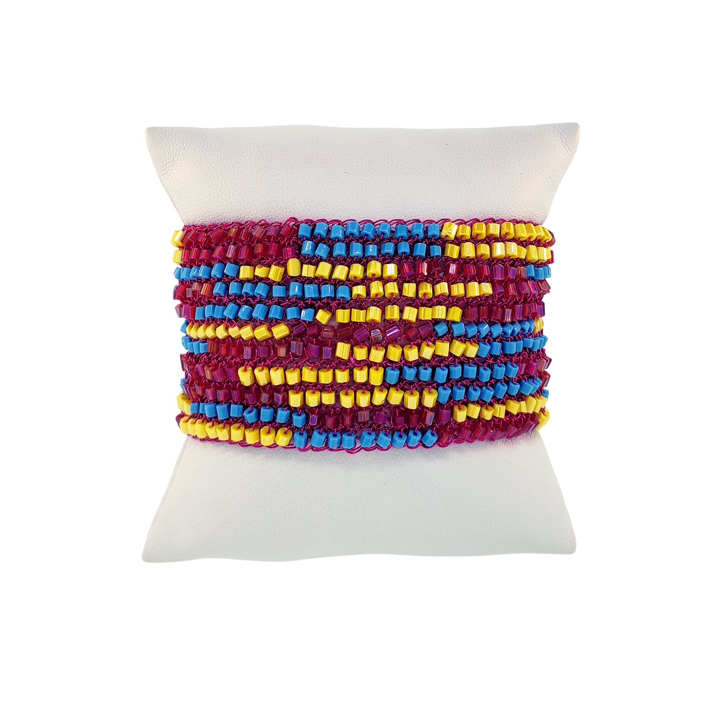 Classic-Geometric-Blue-Yellow-Fuchsia-Signature-Handmade-Crochet-Bracelet-detail-18k-gold-filled-wire-hypoallergenic-lightweight-statement-brazilian-soul-collection