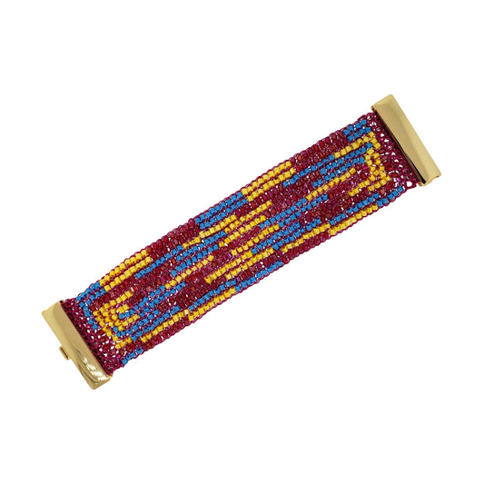 Classic-Geometric-Blue-Yellow-Fuchsia-Signature-Handmade-Crochet-Bracelet-18k-gold-filled-wire-hypoallergenic-lightweight-statement-brazilian-soul-collection