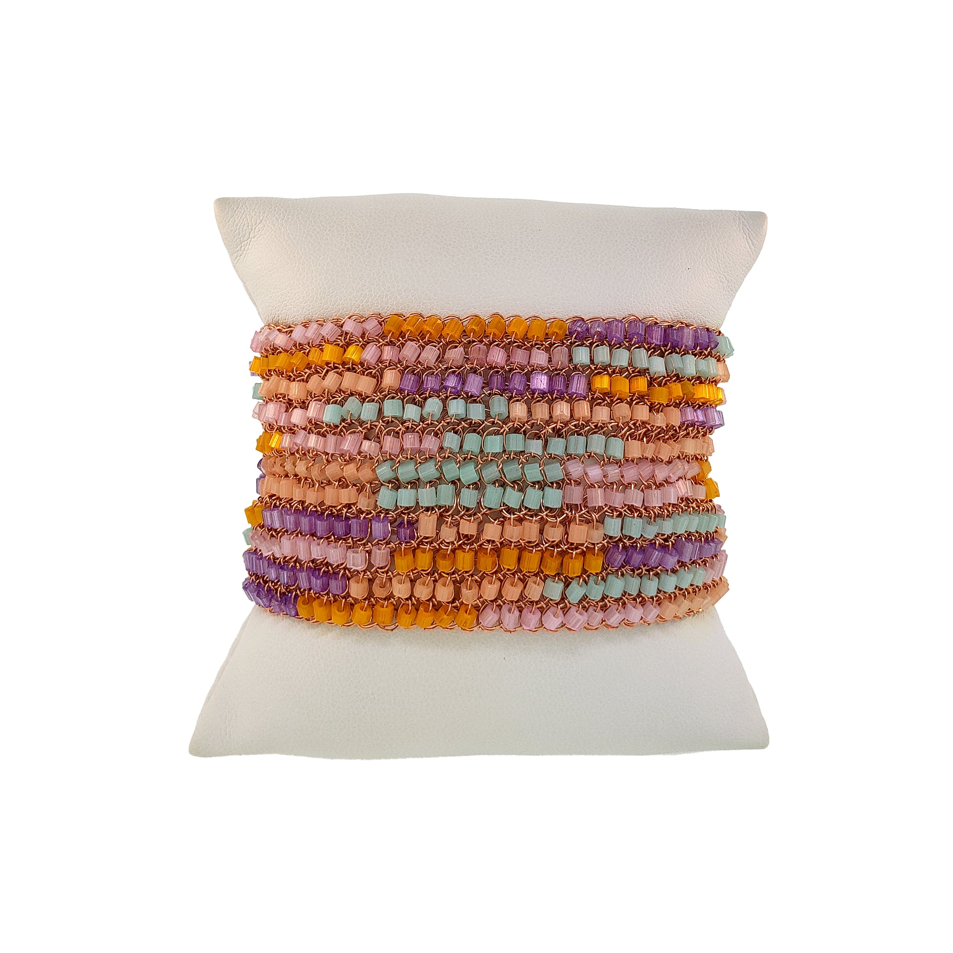 Classic-Geometric-Green-Pink-Purple-Orange-Signature-Handmade-Crochet-Bracelet-detail-18k-gold-filled-wire-hypoallergenic-lightweight-statement-brazilian-soul-collection