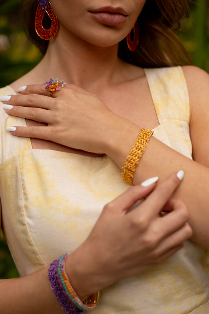 Classic-Geometric-Green-Pink-Purple-Orange-Signature-Handmade-Crochet-Bracelet-earrings-necklace-ring-model-18k-gold-filled-wire-hypoallergenic-lightweight-statement-brazilian-soul-collection