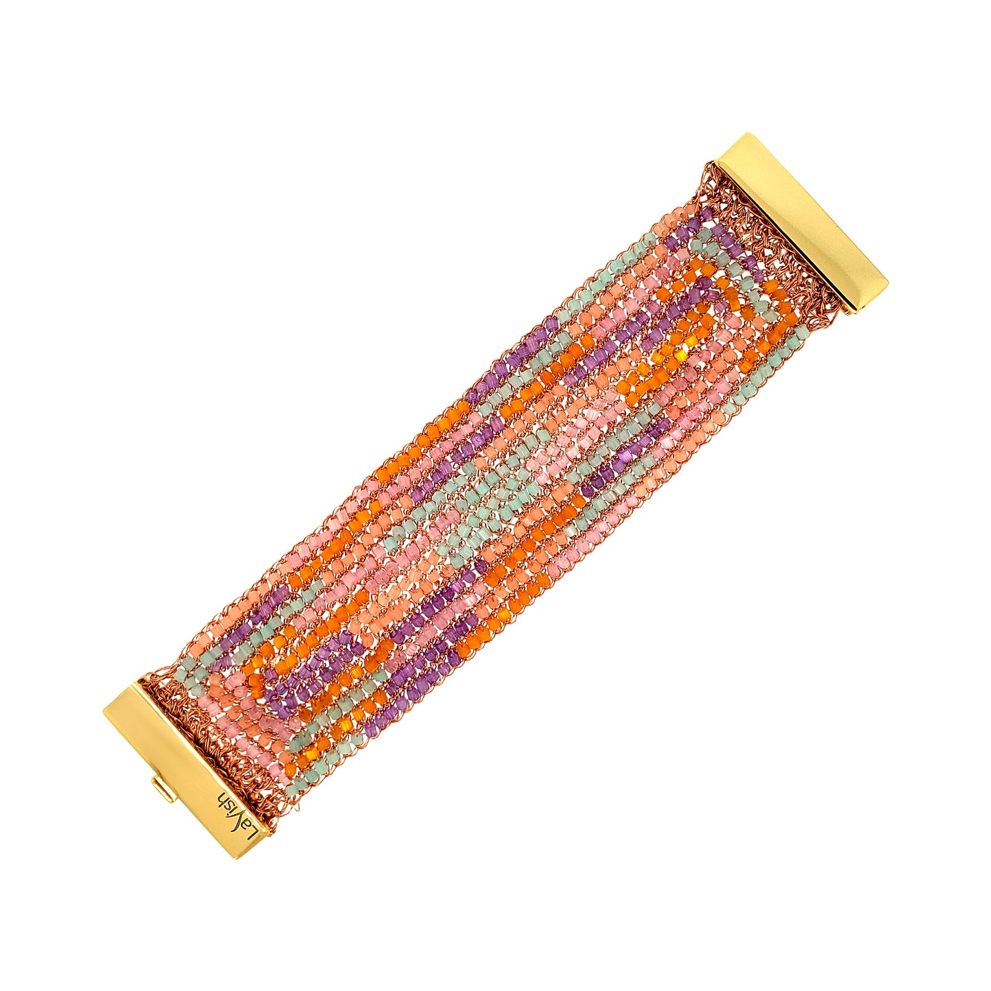 Classic-Geometric-Green-Pink-Purple-Orange-Signature-Handmade-Crochet-Bracelet-18k-gold-filled-wire-hypoallergenic-lightweight-statement-brazilian-soul-collection