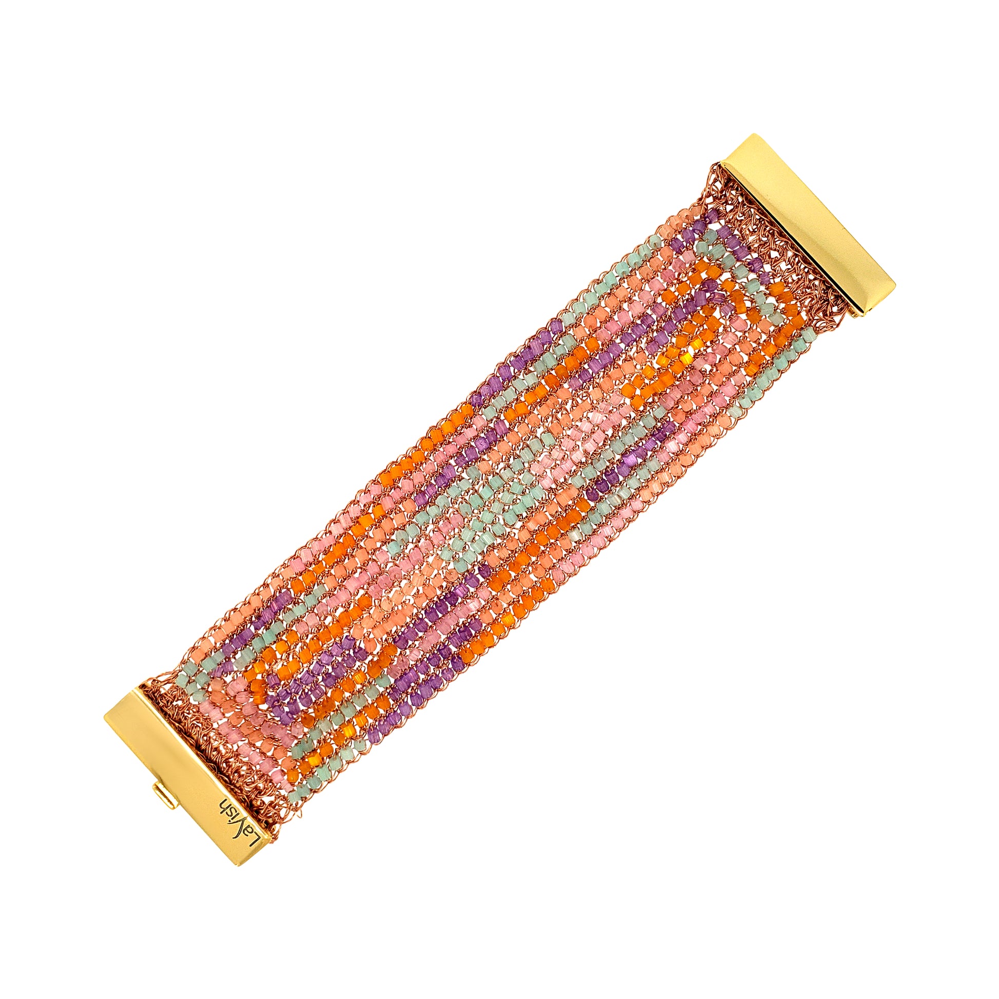 Classic-Geometric-Green-Pink-Purple-Orange-Signature-Handmade-Crochet-Bracelet-18k-gold-filled-wire-hypoallergenic-lightweight-statement-brazilian-soul-collection
