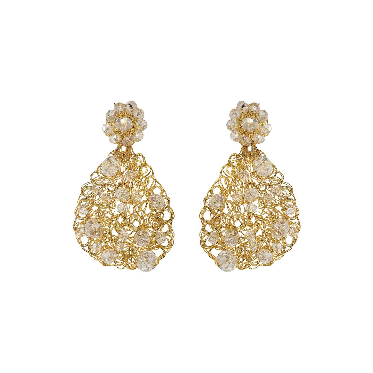 Gold and pearl earrings on a white background. Handmade in Brazil, these teardrop mesh earrings feature 18 karat gold filled wire, multicolor crystals, lightweight comfort, and hypoallergenic materials. 