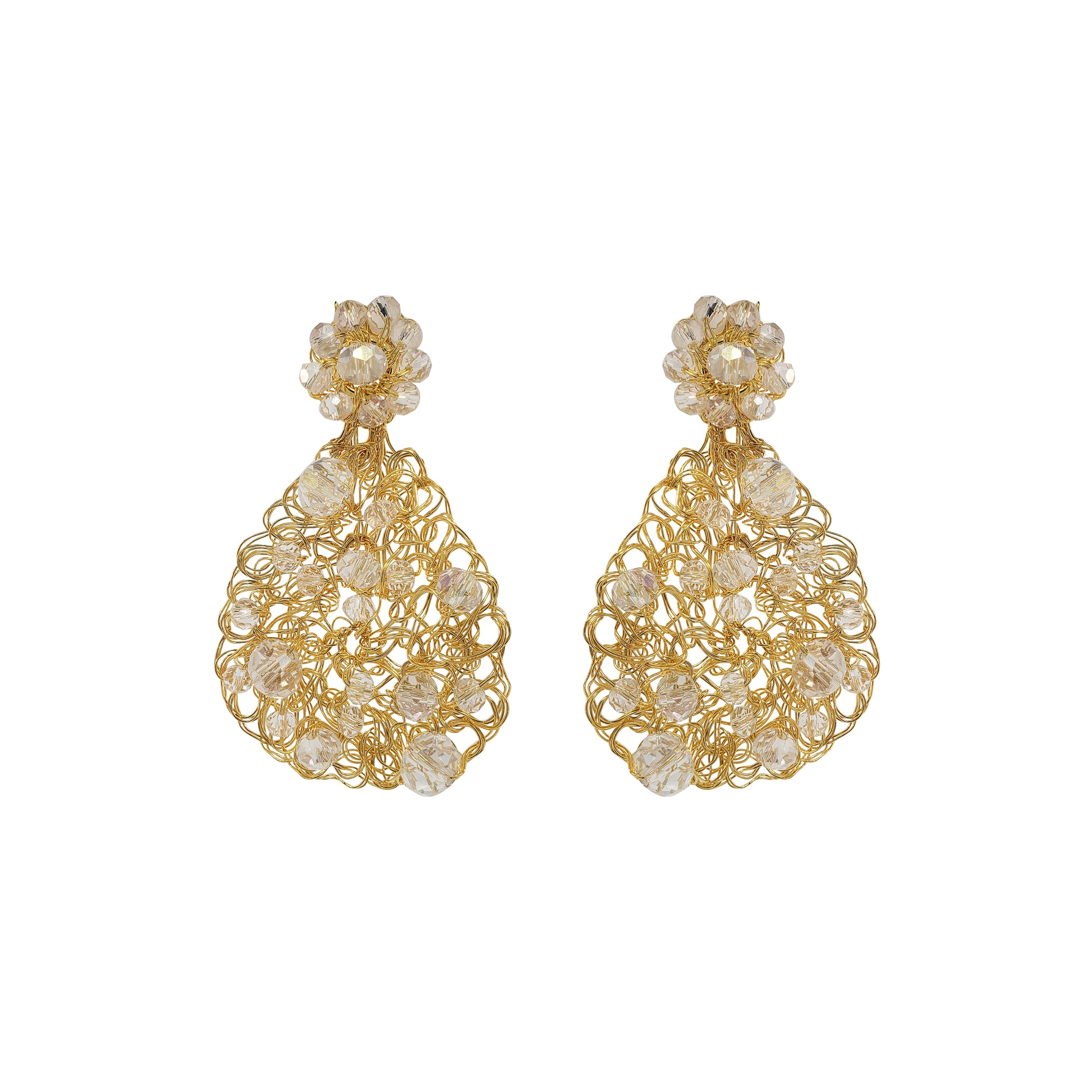 Gold and pearl earrings on a white background. Handmade in Brazil, these teardrop mesh earrings feature 18 karat gold filled wire, multicolor crystals, lightweight comfort, and hypoallergenic materials. 