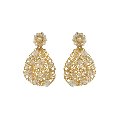 Gold and pearl earrings on a white background. Handmade in Brazil, these teardrop mesh earrings feature 18 karat gold filled wire, multicolor crystals, lightweight comfort, and hypoallergenic materials. 