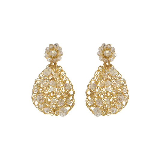 Gold and pearl earrings on a white background. Handmade in Brazil, these teardrop mesh earrings feature 18 karat gold filled wire, multicolor crystals, lightweight comfort, and hypoallergenic materials. 
